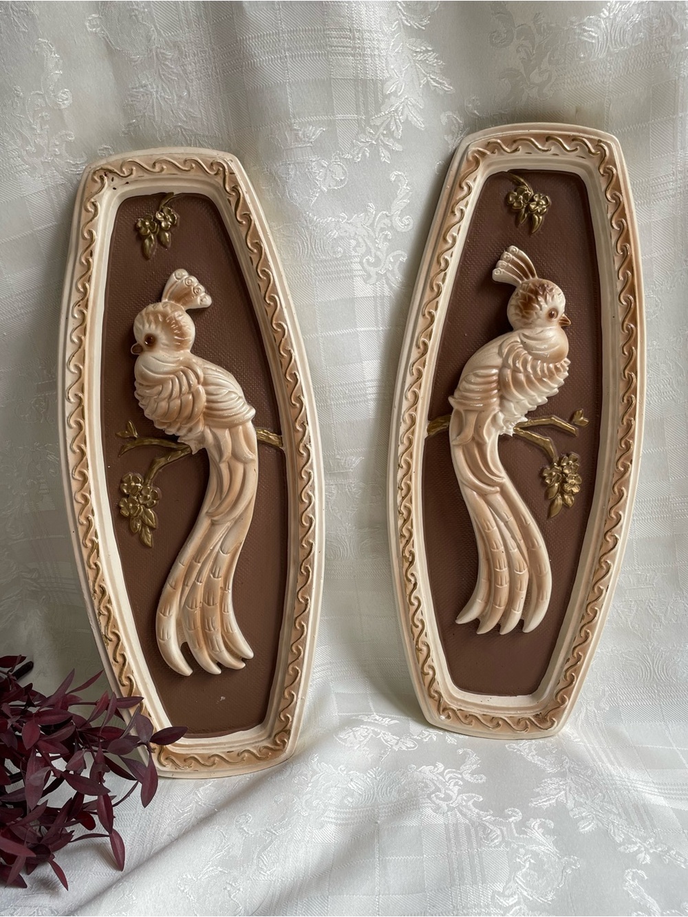 Matched Pair of Vintage Chalkware Birds of Paradise Wall Plaques